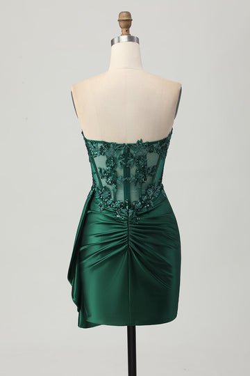 Sparkly Dark Green Bodycon Short Corset Cocktail Dress with Side Cape